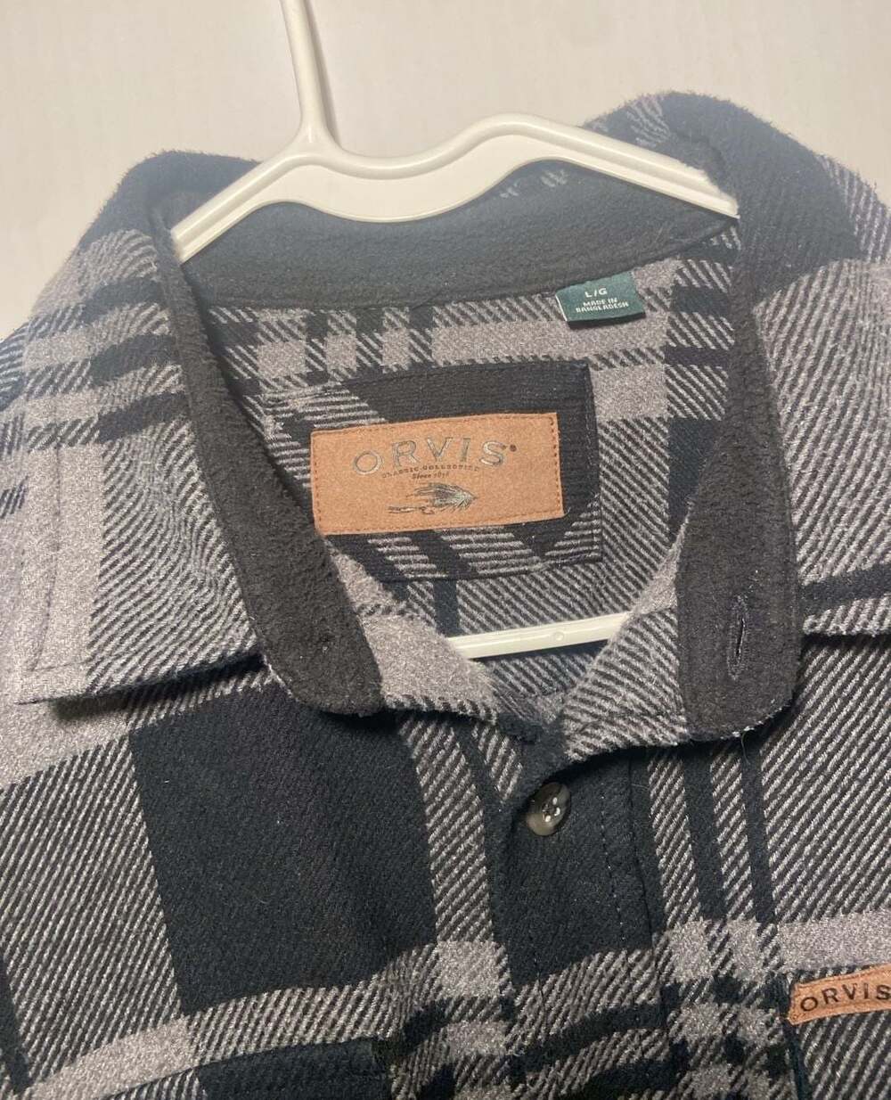 Orvis Flannel Shirt Jacket Size L Gray Black Tartan Plaid Shacket